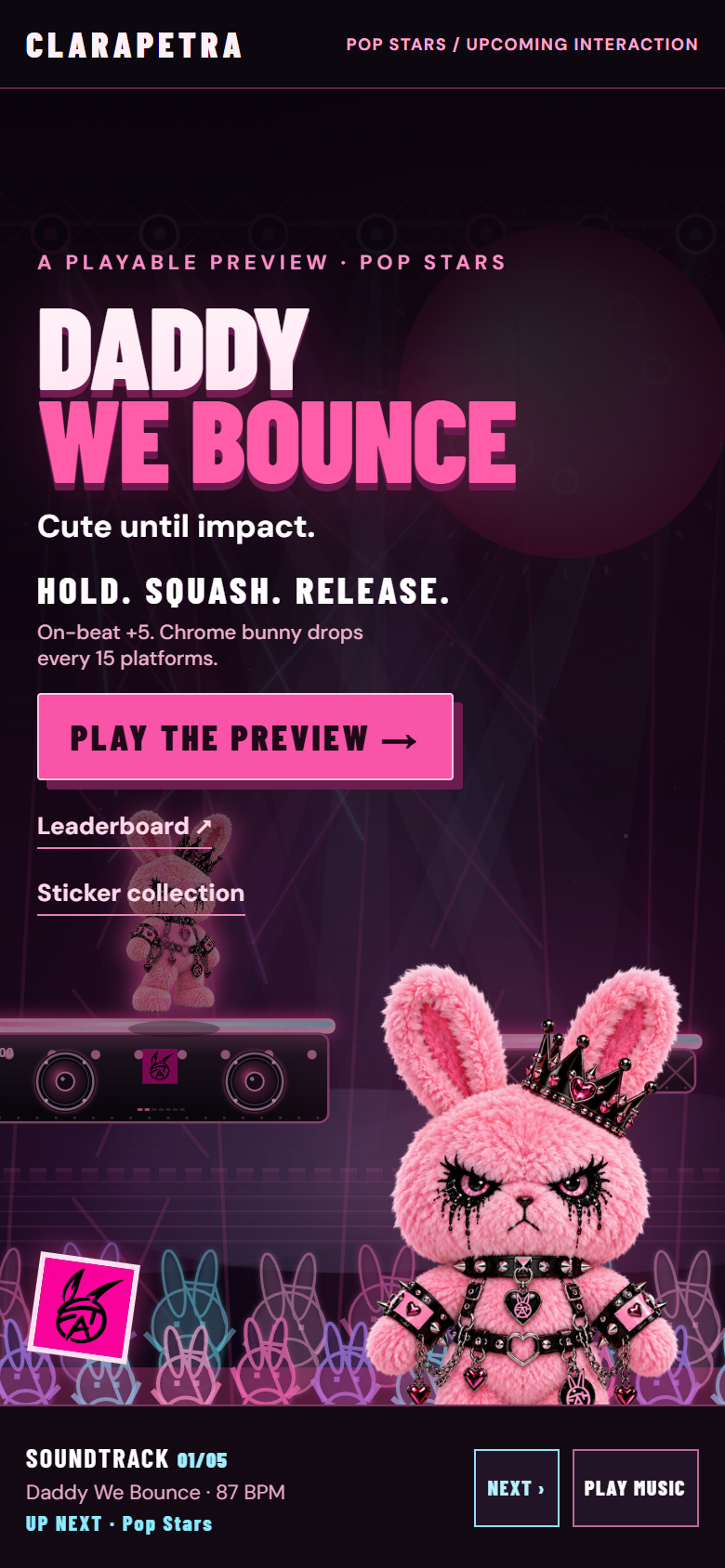 Earlier Daddy We Bounce mobile preview showing the crowned pink bunny, Play the Preview button, leaderboard links, and soundtrack controls.