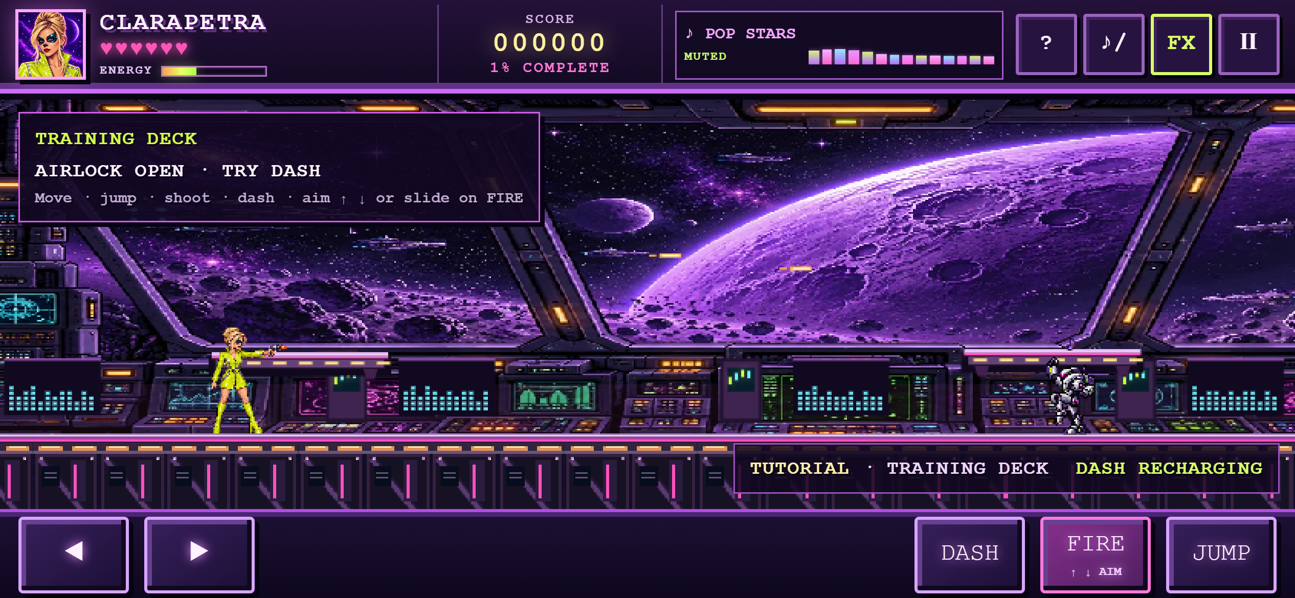 Live mobile landscape capture of Pop Stars gameplay: Clarapetra faces a robot on a purple space-station training deck, with score, energy, music, and touch controls visible.