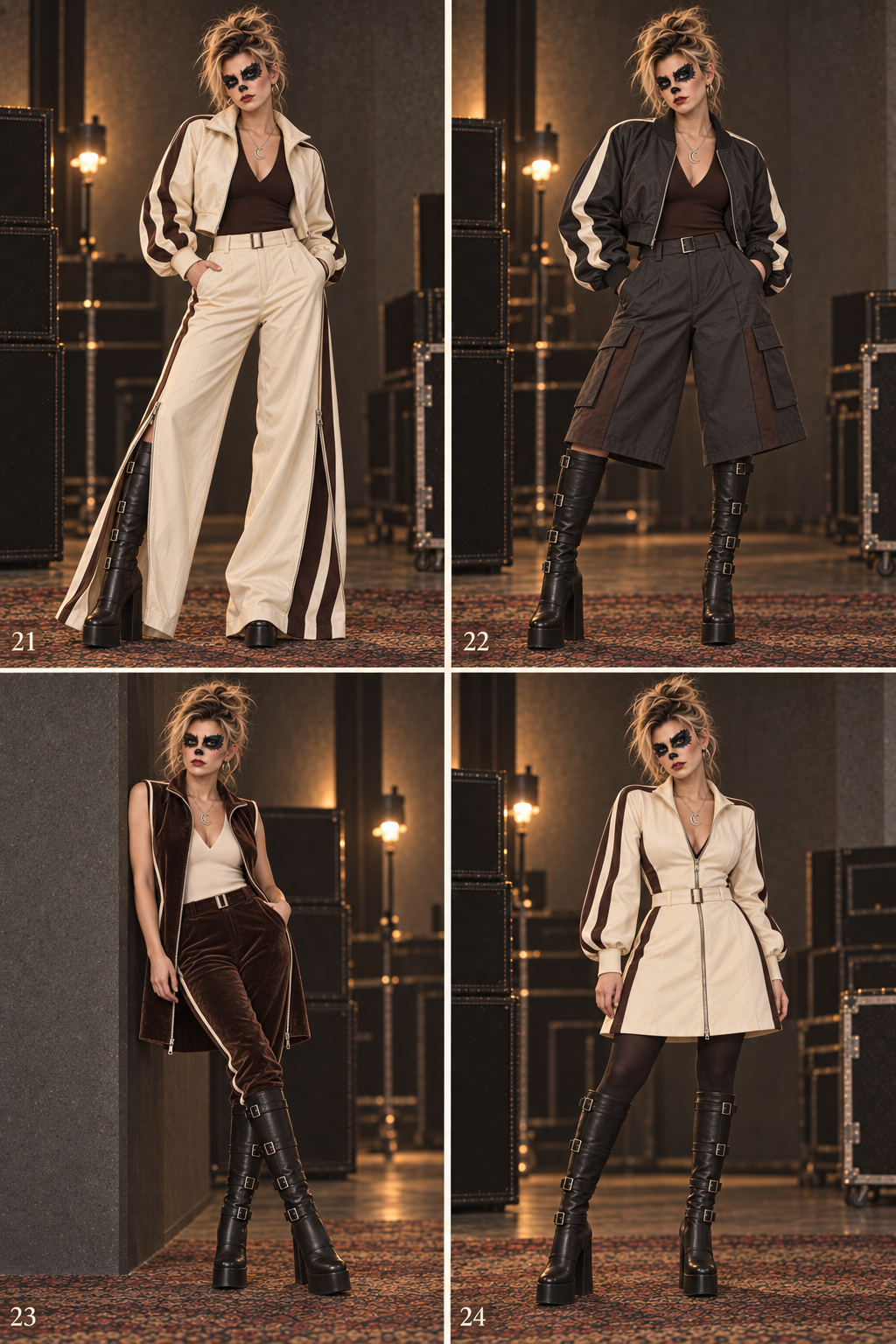 Four numbered early Pop Stars outfit studies, 21 through 24, shown in one comparison sheet before the chartreuse direction was selected.