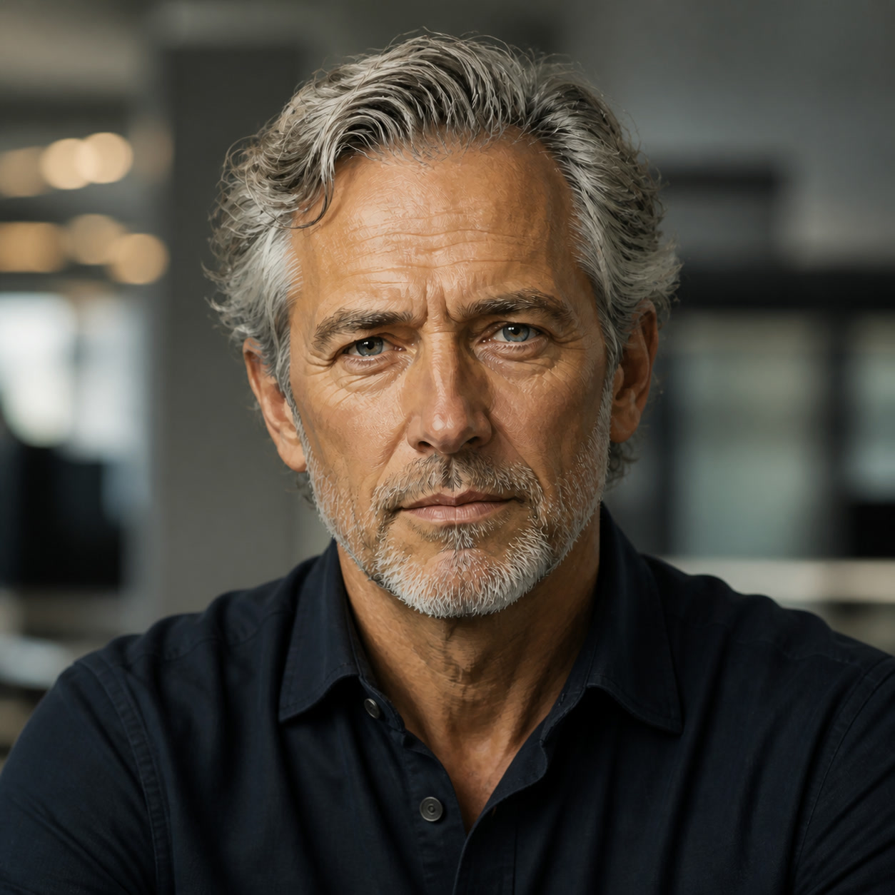 AI-generated photorealistic character portrait of Calder Rowe, a fictional OMIKINA editorial persona.