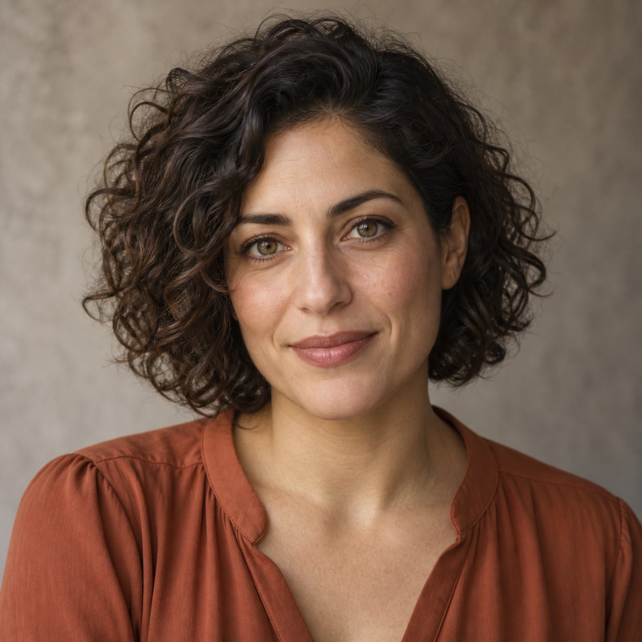 AI-generated photorealistic character portrait of Lucia Marin, a fictional OMIKINA editorial persona.