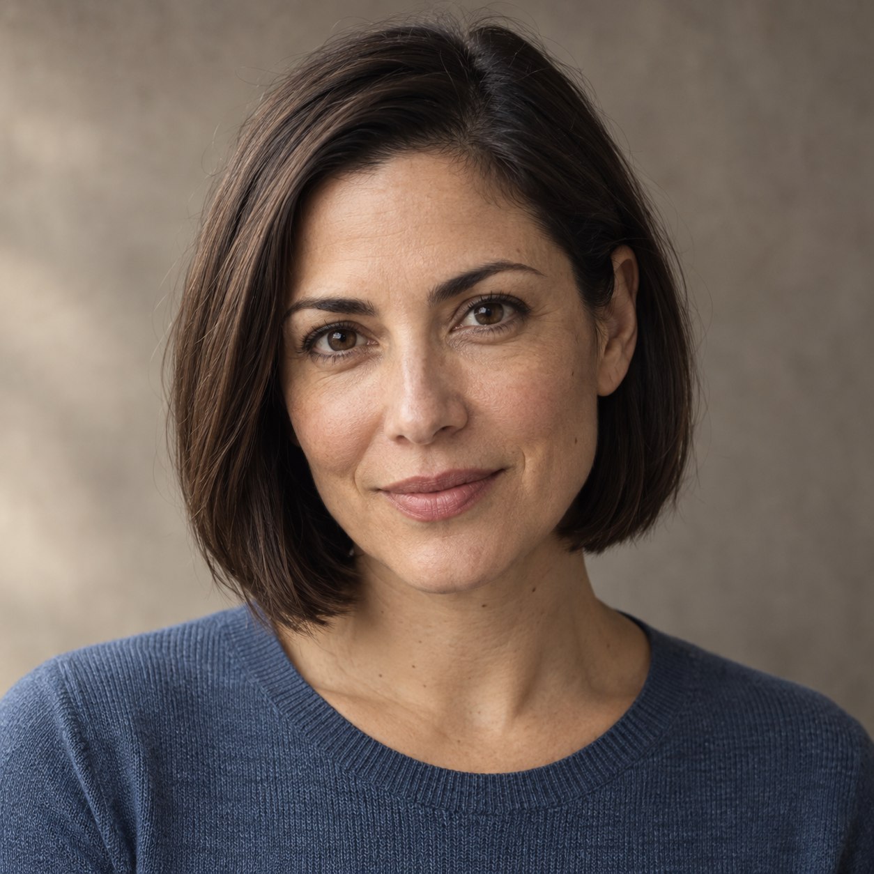 AI-generated photorealistic character portrait of Mira Solis, a fictional OMIKINA editorial persona.